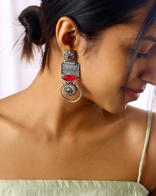 Geometric Red Stone Drop Earrings