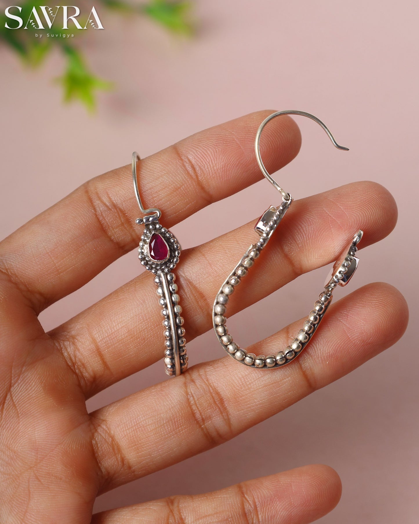 Ruby Tear Oxidized Hoop Drops