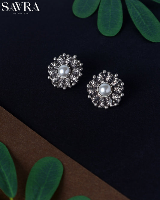 Ornate Pearl Flower Studs