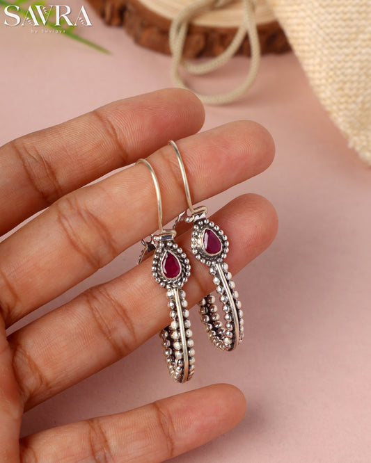 Ruby Tear Oxidized Hoop Drops