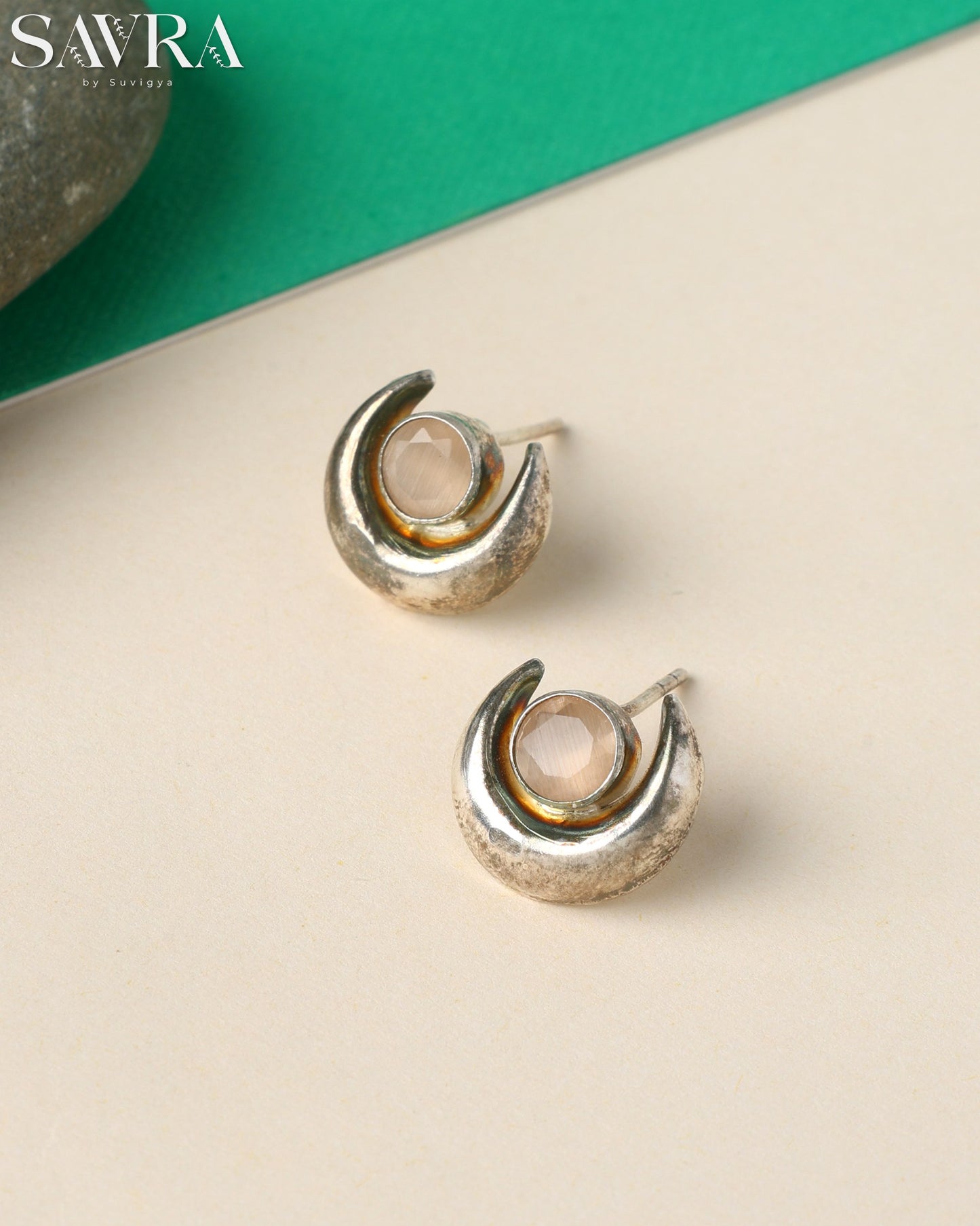 Celestial Moonstone Crescent Studs