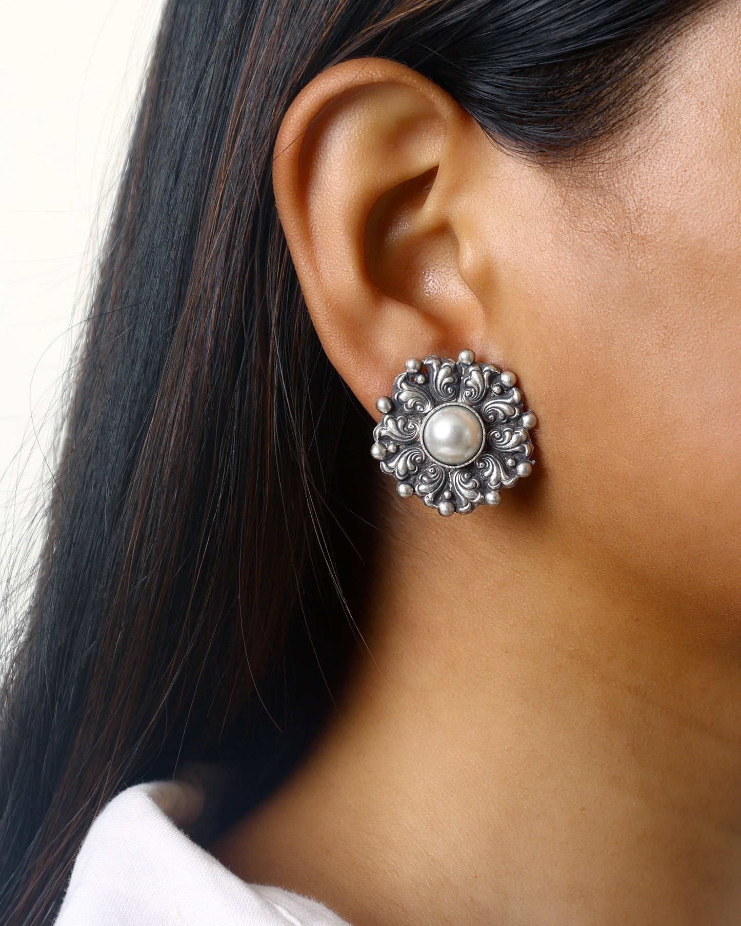 Ornate Pearl Flower Studs