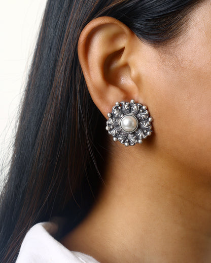 Ornate Pearl Flower Studs