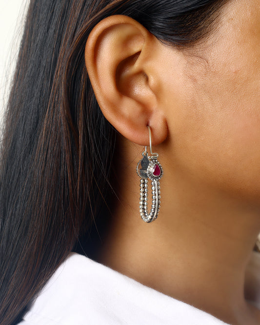 Ruby Tear Oxidized Hoop Drops
