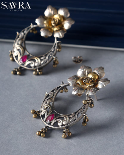 Two-Tone Flower Hoop Earrings