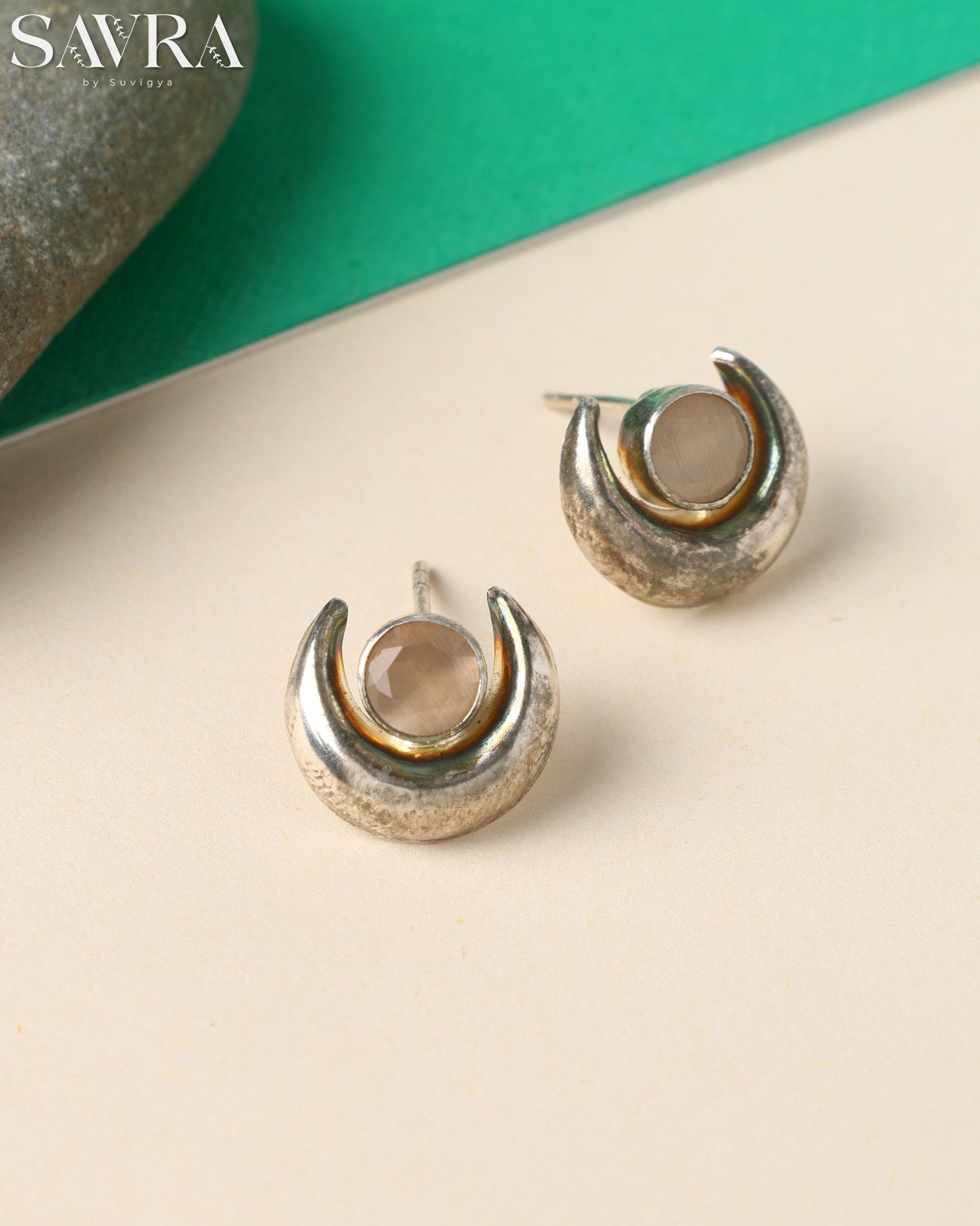 Celestial Moonstone Crescent Studs