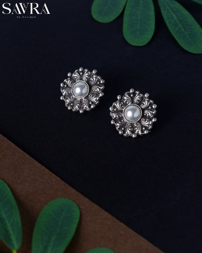 Ornate Pearl Flower Studs