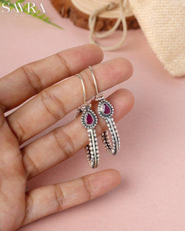 Ruby Tear Oxidized Hoop Drops