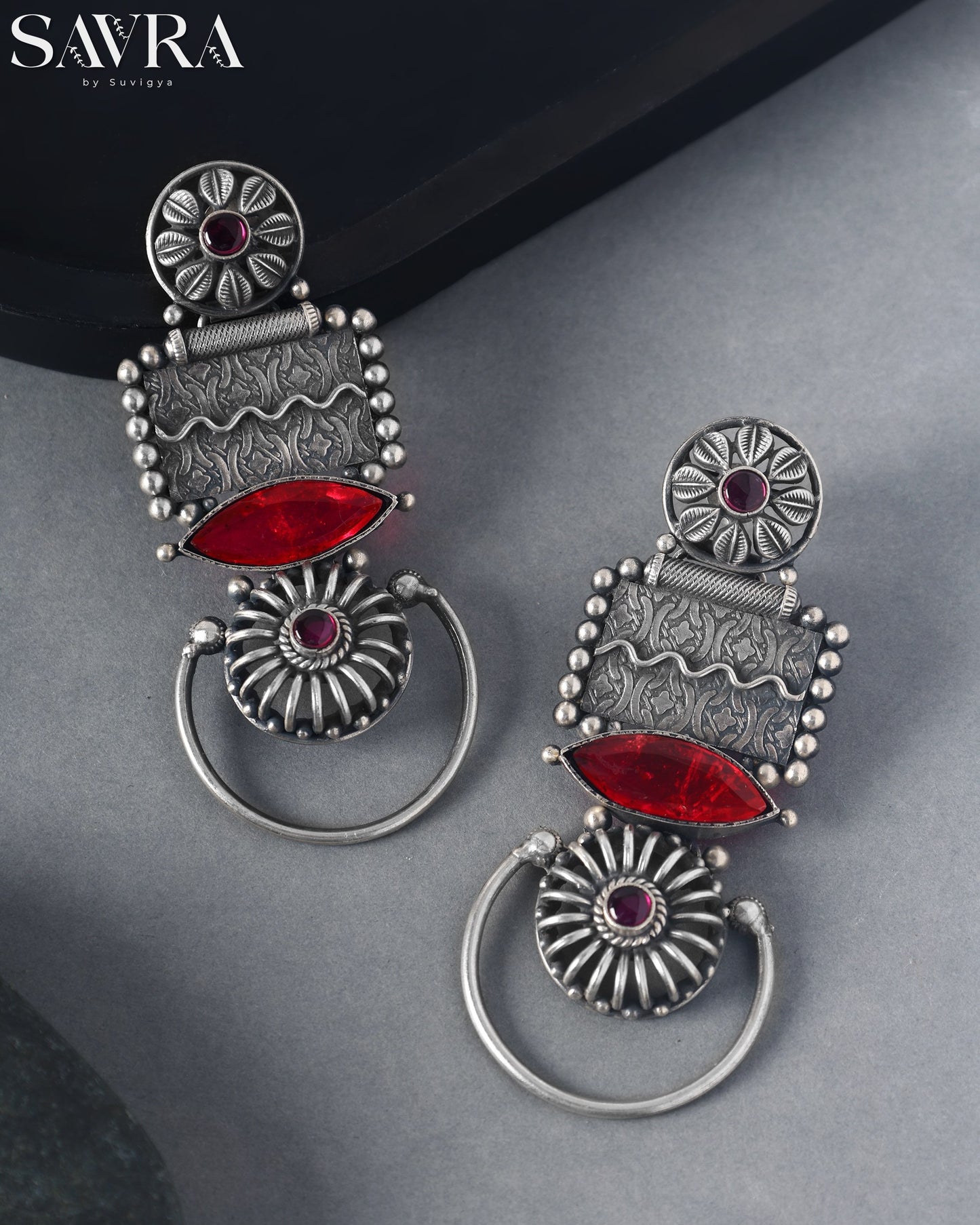 Geometric Red Stone Drop Earrings