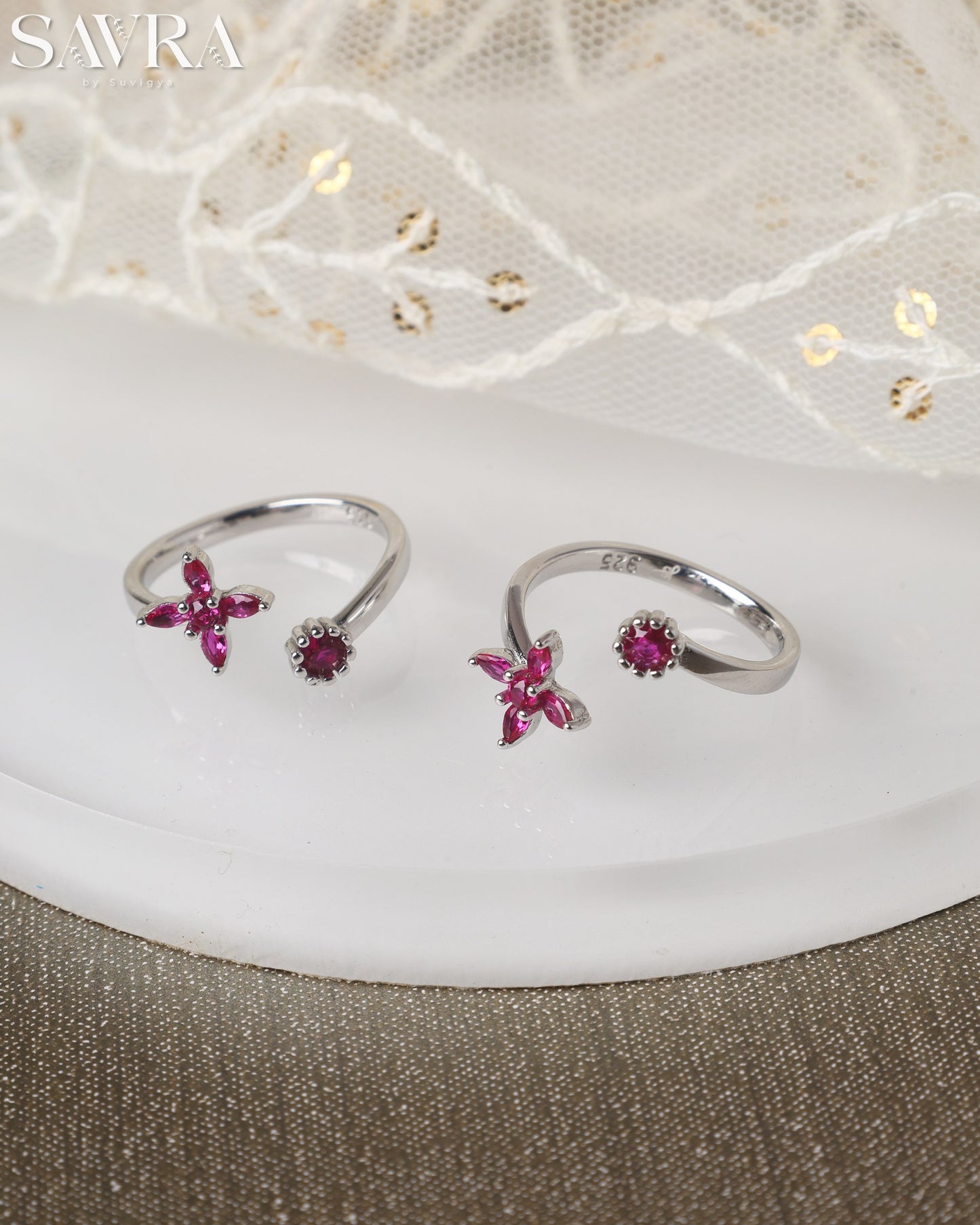 Ruby Flower Open Toe Rings