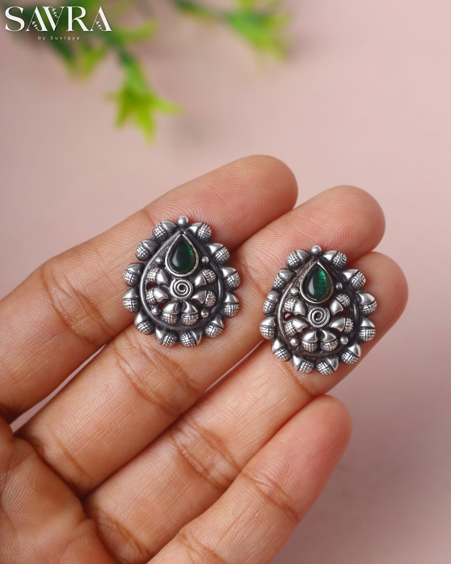 Oxidized Green Stone Petal Studs