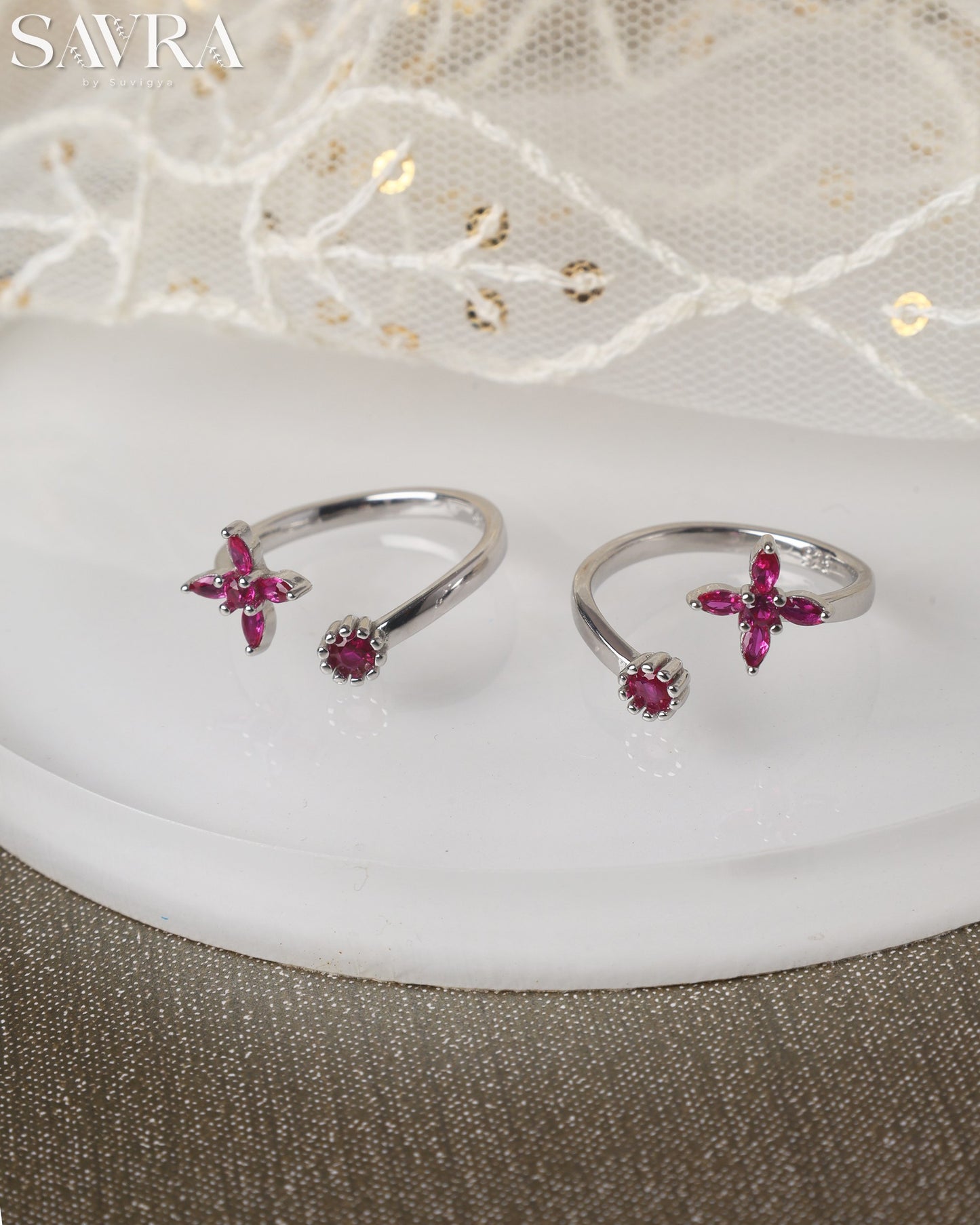 Ruby Flower Open Toe Rings