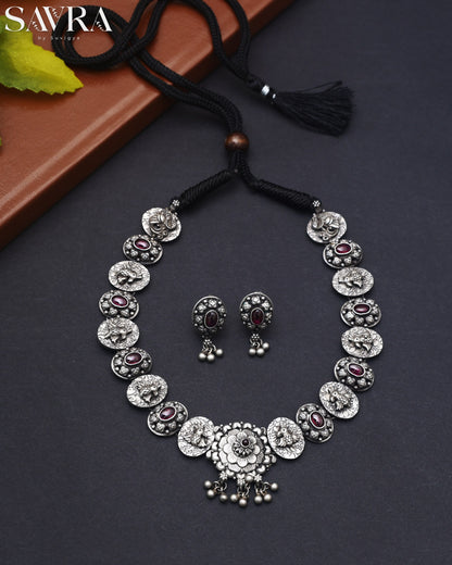 Double Chain Oxidized Coin Necklace